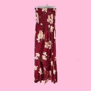 Strapless Floral Red Maxi Dress with Slit Size L